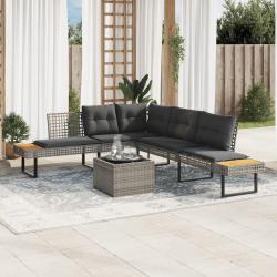 Salon de jardin avec coussins, 2 pi&egrave;ces, en r&eacute;sine tress&eacute;e et verre grise