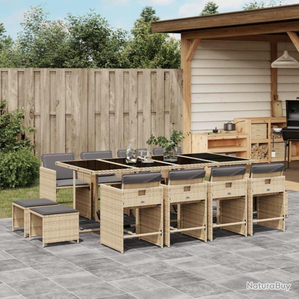 Ensemble � manger avec coussins, 13 pi�ces, m�lange de rotin beige, pour la terrasse