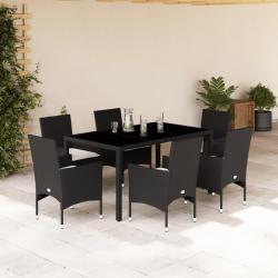 Ensemble &agrave; manger de et coussins 7 pcs noir rotin acacia