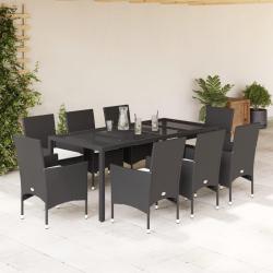 Ensemble &agrave; manger de et coussins 9 pcs noir rotin verre