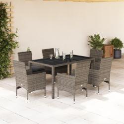 Ensemble &agrave; manger de et coussins 7 pcs gris rotin verre