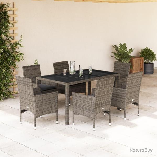 Ensemble � manger de et coussins 7 pcs gris rotin verre