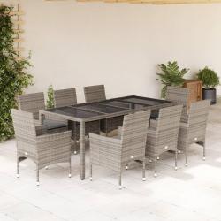Ensemble &agrave; manger de et coussins 9 pcs gris rotin verre