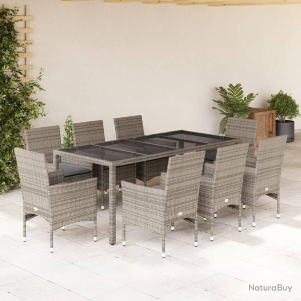 Ensemble � manger de et coussins 9 pcs gris rotin verre