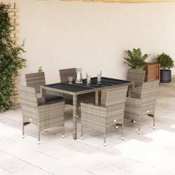 Ensemble &agrave; manger de avec coussins 7 pcs rotin et verre