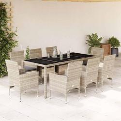 Ensemble &agrave; manger de avec coussins 9 pcs rotin et verre