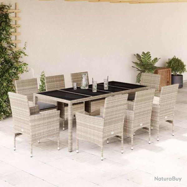 Ensemble � manger de avec coussins 9 pcs rotin et verre