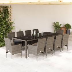 Ensemble &agrave; manger de et coussins 11 pcs gris rotin verre