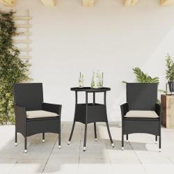 Ensemble repas avec coussins, 3 pi&egrave;ces, en rotin et verre, noir, pour la cuisine