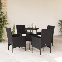 Ensemble repas avec coussins, 5 pi&egrave;ces, en rotin et verre, noir, pour la cuisine