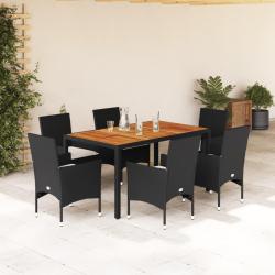Ensemble &agrave; manger de et coussins 7pcs noir rotin acacia