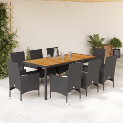 Ensemble &agrave; manger de et coussins 9 pcs noir rotin acacia