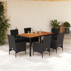 Ensemble &agrave; manger de et coussins 7pcs noir rotin acacia