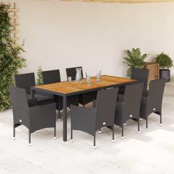 Ensemble &agrave; manger de et coussins 9 pcs noir rotin acacia