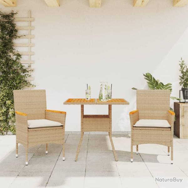 Ensemble � manger de et coussins 3pcs beige rotin acacia