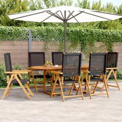 Ensemble &agrave; manger, 7 pi&egrave;ces, noir, rotin et bois massif, pour le jardin