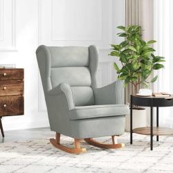 Fauteuil &agrave; bascule &agrave; oreilles en velours gris clair bois massif