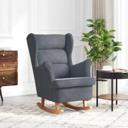 Fauteuil &agrave; bascule &agrave; oreilles en velours gris fonc&eacute; bois massif