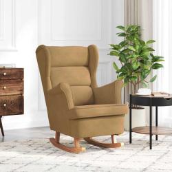 Fauteuil &agrave; bascule &agrave; oreilles en velours marron bois massif