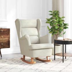 Fauteuil &agrave; bascule &agrave; oreilles en velours cr&egrave;me bois massif