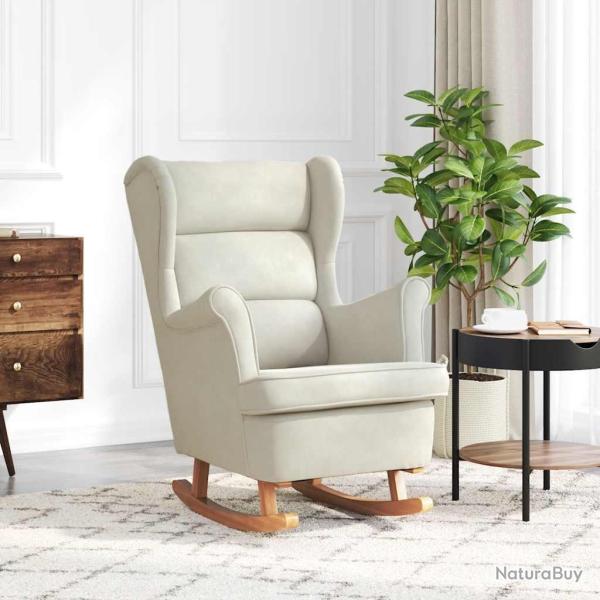Fauteuil � bascule � oreilles en velours cr�me bois massif
