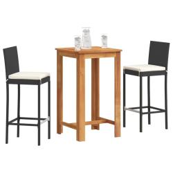 Ensemble de bar, 3 pi&egrave;ces, noir, en bois massif d'acacia et rotin, pour la terrasse