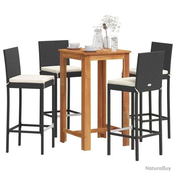Ensemble de bar de 5 pcs noir bois massif acacia rotin