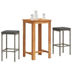 Ensemble de bar de 3 pcs gris bois massif acacia rotin