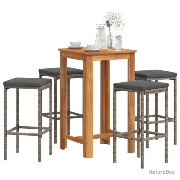 Ensemble de bar de 5 pcs gris bois massif acacia rotin