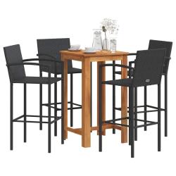 Ensemble de bar, 5 pi&egrave;ces, noir, en bois massif d'acacia et rotin, pour le jardin