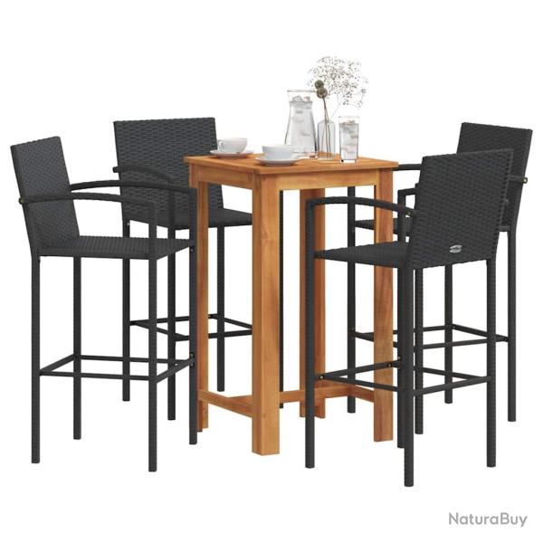 Ensemble de bar, 5 pi�ces, noir, en bois massif d'acacia et rotin, pour le jardin
