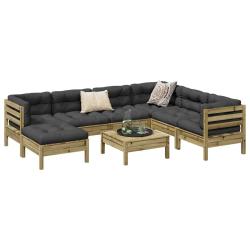 Salon 8 pi&egrave;ces avec coussins, en bois de pin impr&eacute;gn&eacute;