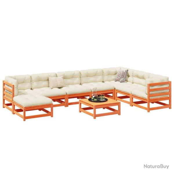 Salon 9 pi�ces avec coussins marron cire, en bois de pin massif