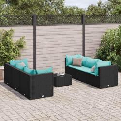 Salon de 7 pi&egrave;ces avec coussins noir, en r&eacute;sine tress&eacute;e pour la terrasse