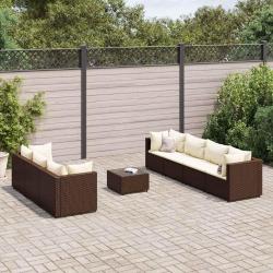 Salon avec coussins, 8 pi&egrave;ces, en r&eacute;sine tress&eacute;e, marron, pour le jardin