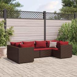 Salon de 6 pi&egrave;ces avec coussins en r&eacute;sine tress&eacute;e marron pour la terrasse
