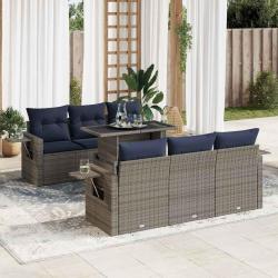 Salon de avec coussins 7 pcs gris r&eacute;sine tress&eacute;e acacia