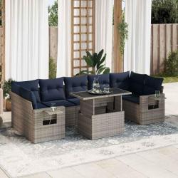 Salon avec coussins, 8 pi&egrave;ces, en r&eacute;sine tress&eacute;e et acacia, gris