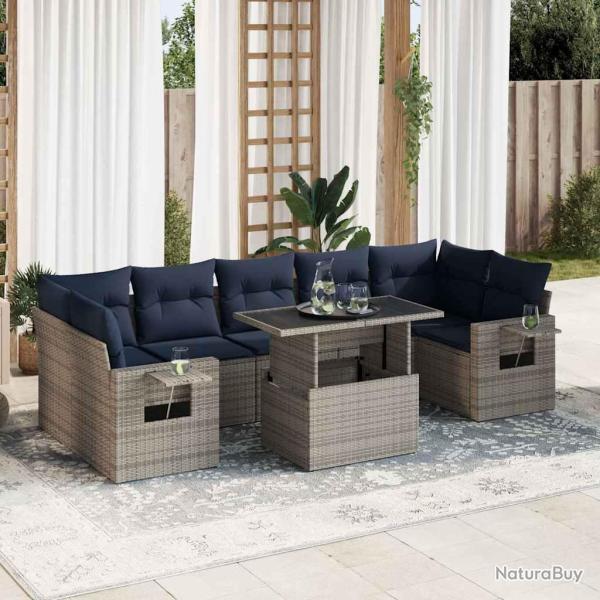 Salon avec coussins, 8 pi�ces, en r�sine tress�e et acacia, gris