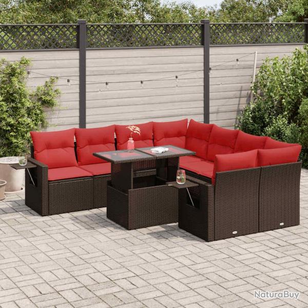 Salon de jardin avec coussins, 9 pi�ces, r�sine tress�e, acacia, marron