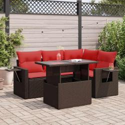 Salon de 5 pcs avec coussins marron r&eacute;sine tress&eacute;e acacia