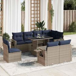 Salon de jardin avec coussins, 9 pi&egrave;ces, r&eacute;sine tress&eacute;e, gris