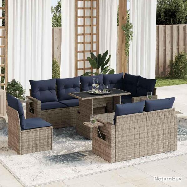 Salon de jardin avec coussins, 9 pi�ces, r�sine tress�e, gris