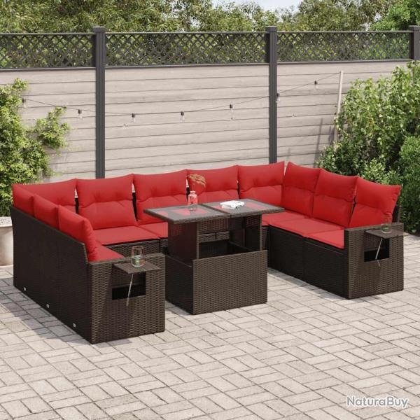 Salon de 10 pcs et coussins marron r�sine tress�e acacia