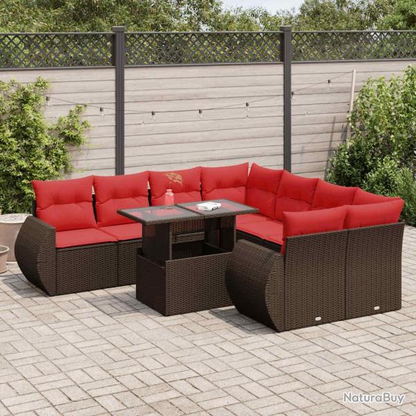 Salon de jardin avec coussins, 9 pi�ces, r�sine tress�e, acacia, marron