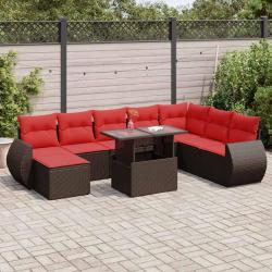 Salon de et coussins 9 pcs marron r&eacute;sine tress&eacute;e acacia