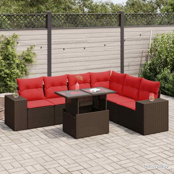 Salon de et coussins 7 pcs marron r�sine tress�e acacia