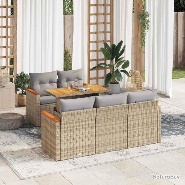 Salon de 6 pcs avec coussins beige r�sine tress�e acacia