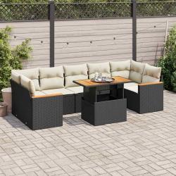 Salon avec coussins, 8 pi&egrave;ces, en r&eacute;sine tress&eacute;e et acacia, noir