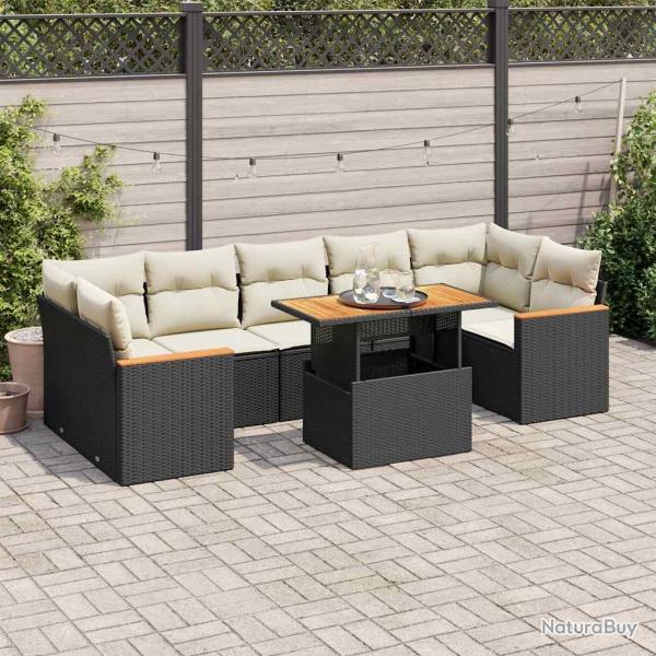 Salon avec coussins, 8 pi�ces, en r�sine tress�e et acacia, noir